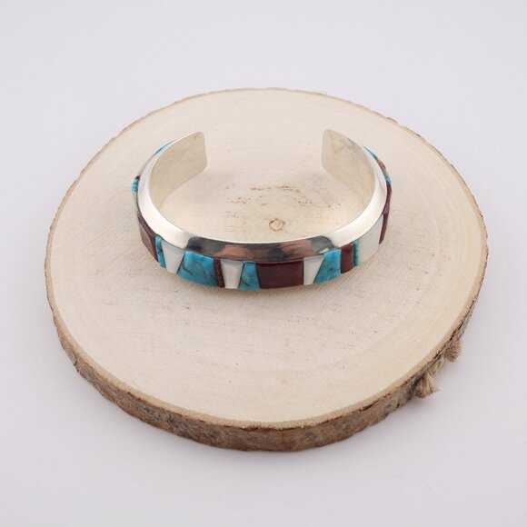 Native American Multi‎ Stones Cuff Bracelet Sterling Silver Signed Sz 6.5 in. ** - Picture 4 of 12